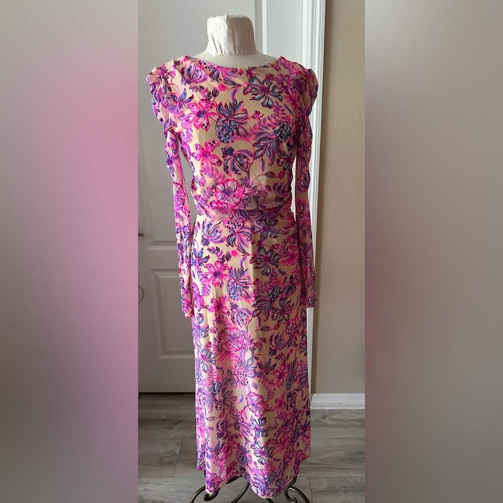 Lilly Pulitzer Pink & Purple Floral Long Sleeve Midi Dress